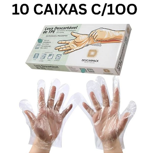 Kit C/10 Caixas (1.000) Luvas Plástica TPE Transparente S/Pó Tamanho: P - Descarpack