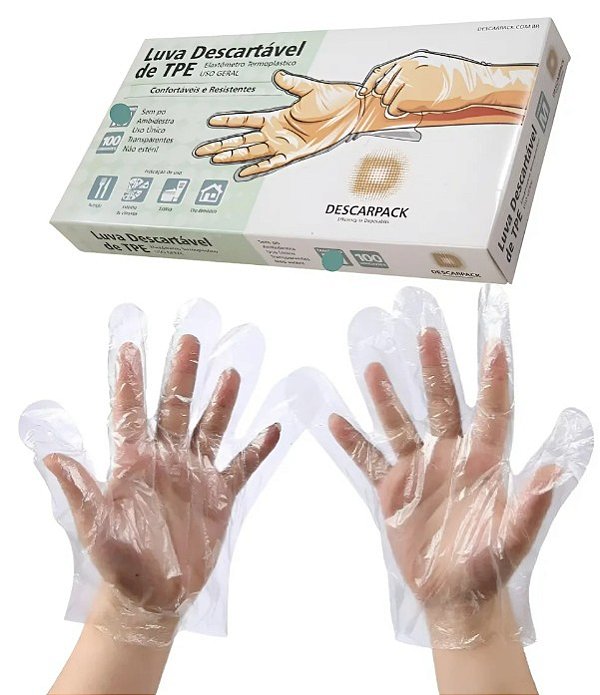 Luva Plástica TPE Transparente S/Pó Tamanho: M Caixa C/100 Unidades - Descarpack