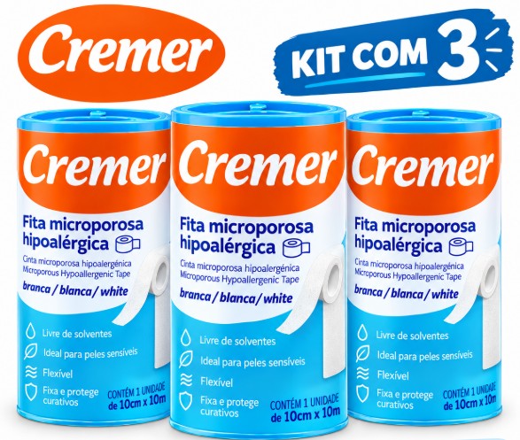 Kit C/3 Fitas Microporosas Branca Hipoalérgica 10cm X 10M - Cremer
