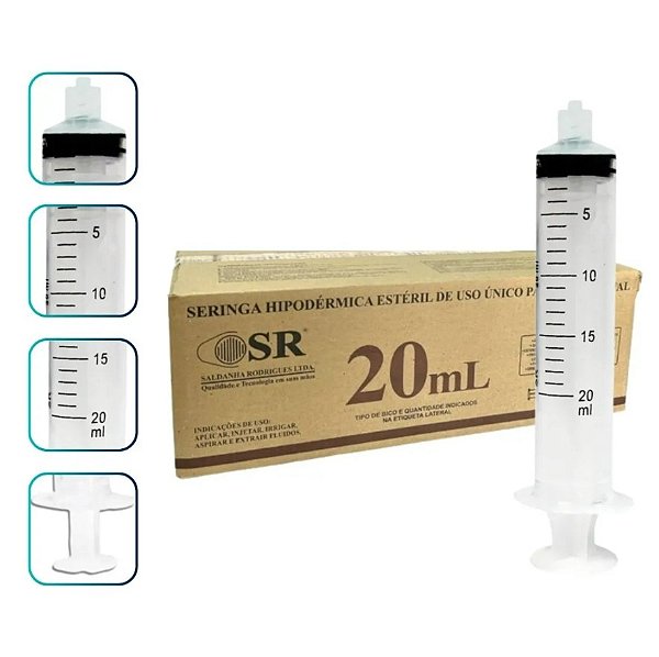 Seringa Descartável 20ml Luer Lock (Lock) Sem Agulha Caixa C/250 Unidades - SR