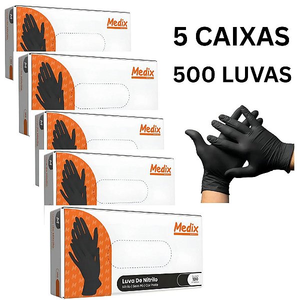 5 Caixas de Luvas Nitrilica Preta Tamanho: M Sem Pó - Medix Profissional