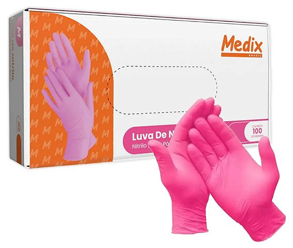 Luva Nitrilica Rosa Tamanho: M Sem Pó Caixa C/100 Unidades - Medix Profissional