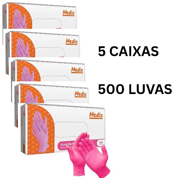 5 Caixas de Luvas Nitrilica Rosa Tamanho: P Sem Pó - Medix Profissional