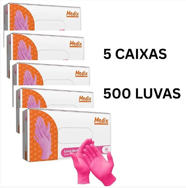 5 Caixas de Luvas Nitrilica Rosa Tamanho: PP Sem Pó - Medix Profissional