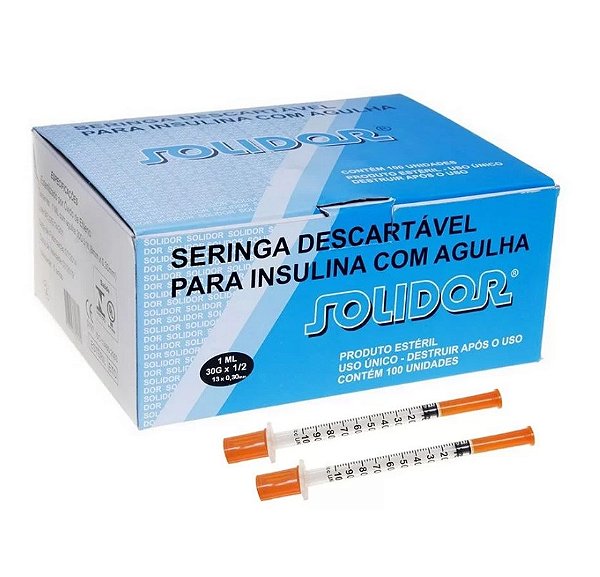 Caixa C/100 Unidades de Seringas Insulina 1ml Com Agulha Fixa 13 x 0,30mm (30g) - Solidor