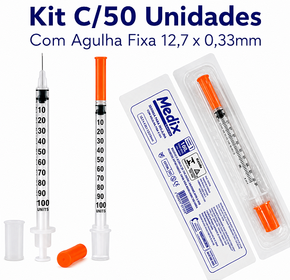 Kit C/50 Seringas P/Insulina 1ml Agulha Fixa 12,7mm x 0,33mm (100ui) 29g Residuo Zero - Medix