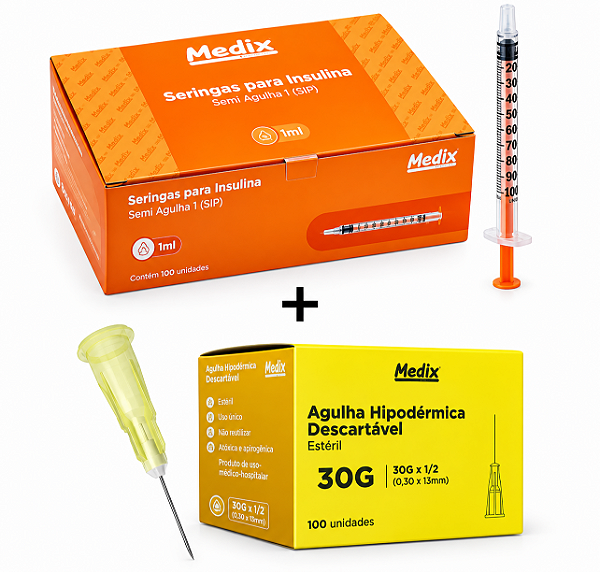 Kit C/100 Seringas de Insulina 1ml Slip + 100 Agulhas 13 x 0,30mm (30g) - Medix