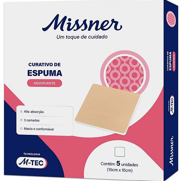 Caixa C/5 Curativos de Espuma Absorvente Silicone Sem Borda 15cmX15cm M-Tec - Missner