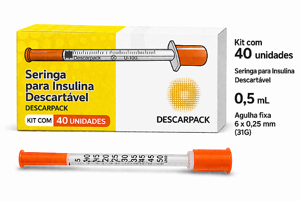 Kit C/40 Seringas de Insulina 0,5ml Agulha Fixa 6 x 0,25mm (31g) - Descarpack