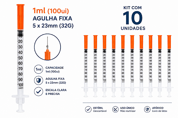 Kit C/10 Seringas de Insulina 1ml Agulha Fixa 5x0,23mm (32g) Blister - Uniqmed