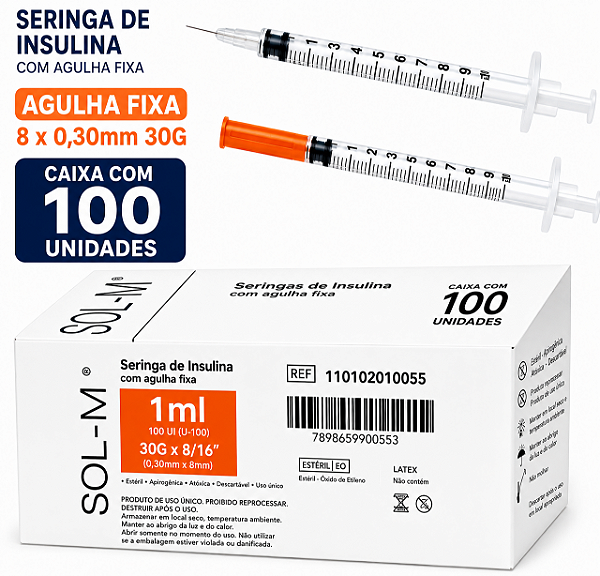 Caixa C/100 Seringas de Insulina 1ml (100UI) Agulha Fixa 8 x 0,30mm (30g) - Sol Millennium