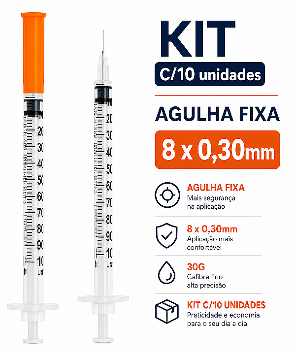 Kit C/10 Seringas de Insulina 1ml (100UI) Agulha Fixa 8 x 0,30mm (30g) - Sol Millennium