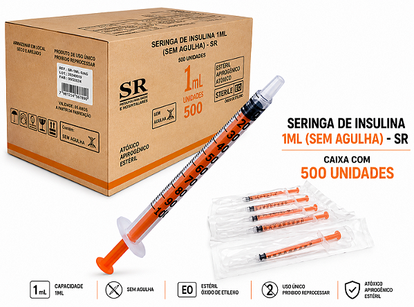 Caixa C/500 Seringas de Insulina 1ML Slip (SEM AGULHA) - SR