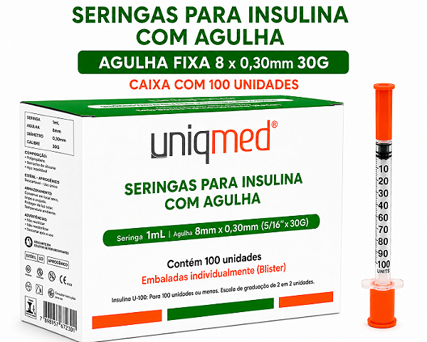 Caixa C/100 Seringas De Insulina 1mL Agulha Fixa 8 x 0,33mm 30g - Uniqmed