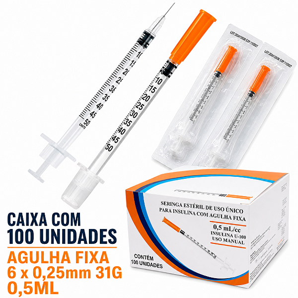 Caixa C/100 Seringas de Insulina 0,5ml (50UI) Agulha Fixa 6 x 0,25mm Fina (31g) - SR