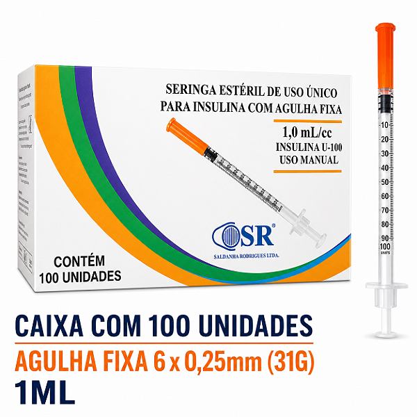 Caixa C/100 Seringas de Insulina 1ml (100UI) Agulha Fixa 6 x 0,25mm Fina (31g) - SR