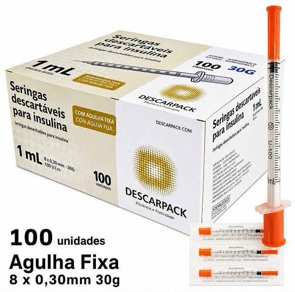 Caixa C/100 Seringas de Insulina 1ml (100UI) Agulha Fixa 8 x 0,30mm (30g) - Descarpack