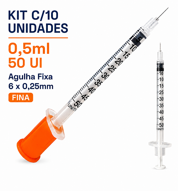 Kit C/10 Seringas de Insulina 0,5ml (50UI) Agulha Fixa 6 x 0,25mm (31g) Blister - Uniqmed