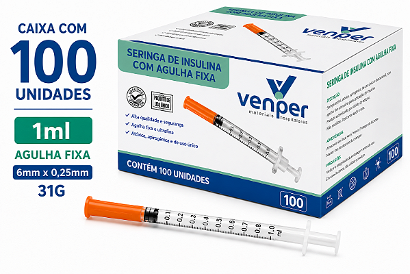 Caixa C/100 Seringas de Insulina Agulha Fixa 6mm x 0,25mm 31g 1ml (100UI) - Venper
