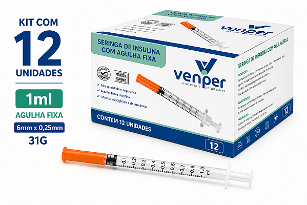 Kit C/12 Seringas de Insulina Agulha Fixa 6mm x 0,25mm 31g 1ml (100UI) - Venper