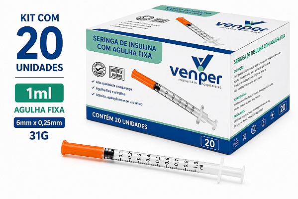 Kit C/20 Seringas de Insulina Agulha Fixa 6mm x 0,25mm 31g 1ml (100UI) - Venper