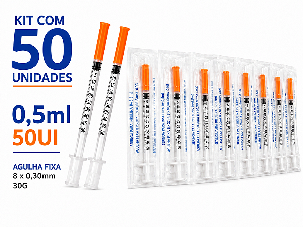 Kit C/50 Seringas de Insulina 0,5ml (50UI) Agulha Fixa 8 x 0,30mm (30g) - SR