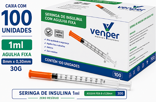 Caixa C/100 Seringas de Insulina 1ml Agulha Fixa 8mm x 0,30mm 30g (100UI) - Venper
