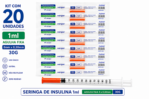Kit C/20 Seringas de Insulina 1ml Agulha Fixa 8mm x 0,30mm 30g (100UI) - Venper