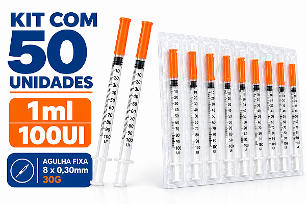 Kit C/50 Seringas de Insulina 1ml Agulha Fixa 8mm x 0,30mm 30g (100UI) - Venper