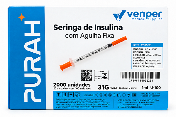 Caixa C/2.000 Seringas de Insulina Agulha Fixa 6mm x 0,25mm 31g 1ml (100UI) - Venper