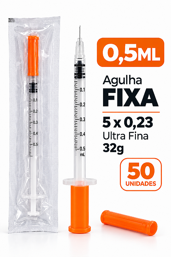 Kit C/50 Seringas de Insulina 0,5ML Agulha Fixa 5mm x 0,23mm (ULTRA FINA) 32g - Uniqmed