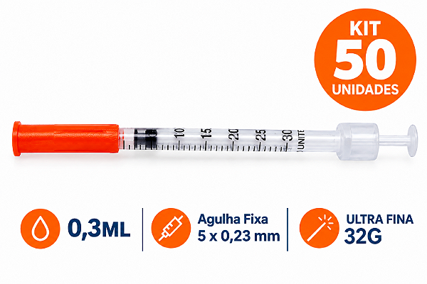 Kit C/50 Seringas de Insulina 0,3ML Agulha Fixa 5mm x 0,23mm (ULTRA FINA) 32g - Uniqmed