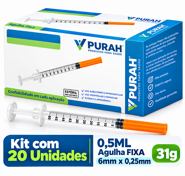 Kit C/20 Seringas de Insulina 0,5ml Agulha Fixa 6mm x 0,25mm 31g - Venper