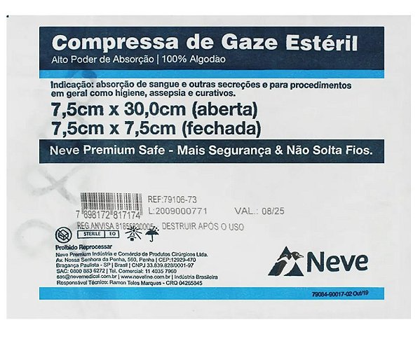Compressa de Gaze Estéril Tipo Croche 7,5 X 7,5cm 13 Fios C/10 unidades - Neve