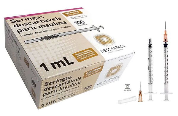 Caixa C/100 Unidade de Seringa de Insulina 1ml com Agulha 13 x 0,45mm - Descarpack