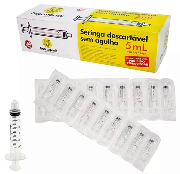Seringa Descartável 5ml Luer Lock (Bico Rosca) Caixa C/100Un - Descarpack