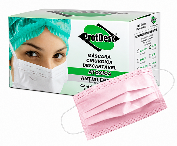 Máscara Descartável Tripla Rosa Caixa C/50 Unidades - ProtDesc