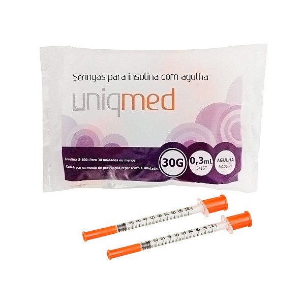 Pacote C/10 Seringas de Insulina 03ml Com Agulha Fixa 8mm x 0,30mm - Uniqmed