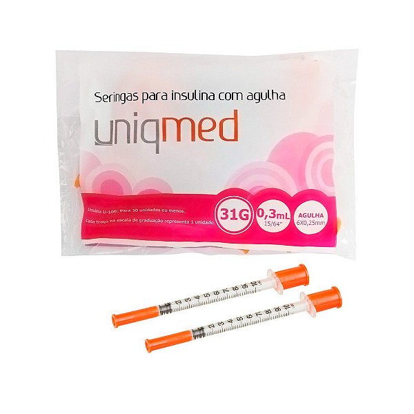 Pacote C/10 Seringas de Insulina 03ml Com Agulha Fixa 6mm x 0,25mm - Uniqmed