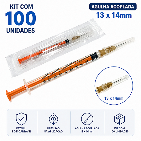 Kit C/100 Seringas de Insulina 1ml com Agulha 13 x 0,45mm (Removível) Bico Slip - SR
