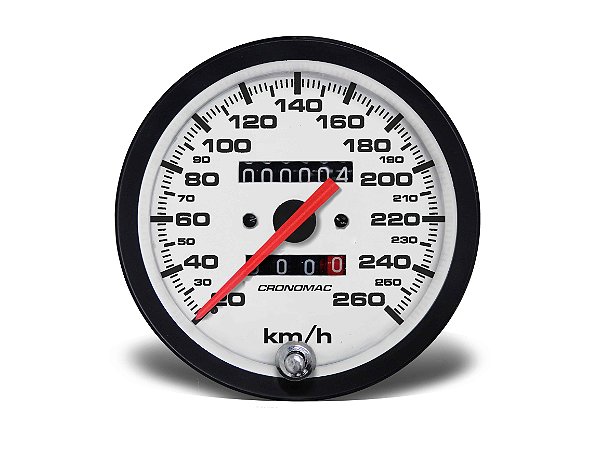VELOCÍMETRO 100MM MECÂNICO 260km/h 2 HODÔMETROS STREET BRANCO CRONOMAC
