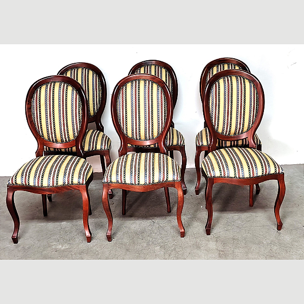 Conjunto 6 Cadeiras Provençais Antiga Estilo Medalhao Madeira Mogno Tecido Listrado