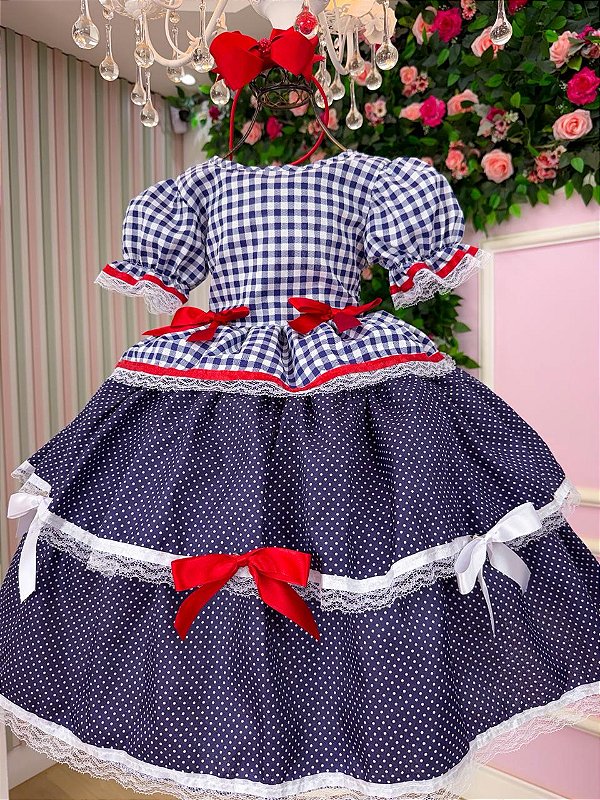 Vestido Junino Mimadine Luxo Stefanny Azul Marinho