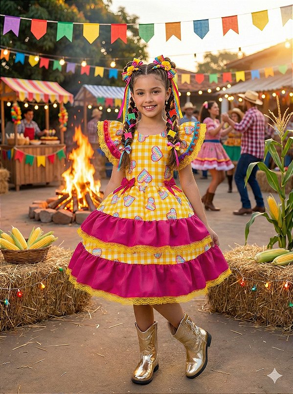 Vestido Junino Banana Club Luxo Coração Junino Amarelo