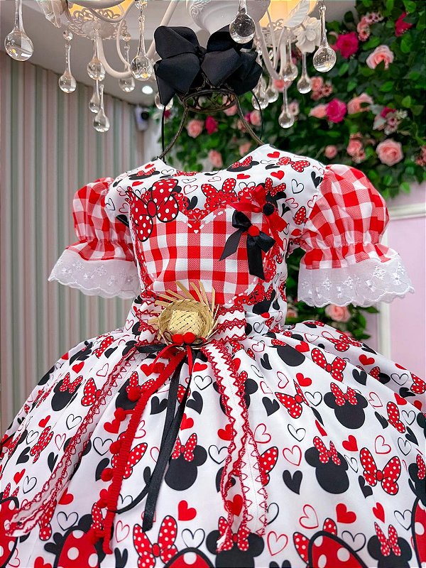 Vestido Junino Tematico Luxo Minnie/Minei Vermelho