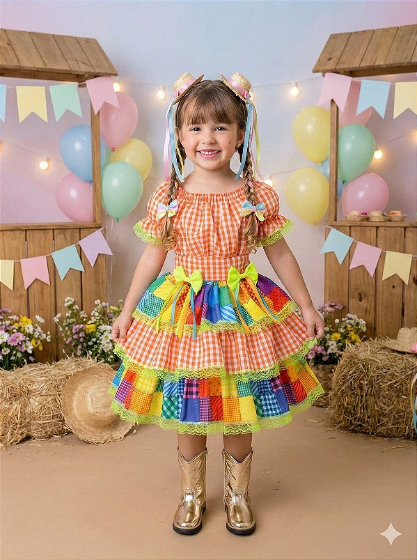 Vestido Junino Banana Club Luxo Quermesse do Sertão Laranja