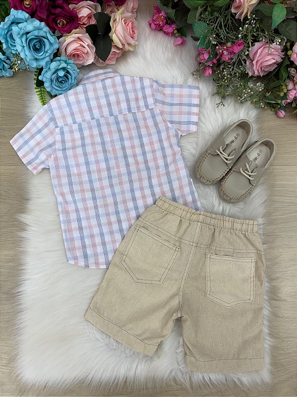 Conjunto Meninos Lucas Banana Club Shorts Linho Camisa Xadrez