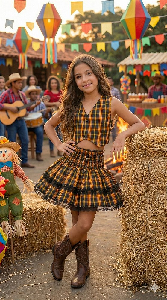 Conjunto Junino Miss Cherry Melissa Xadrez Amarelo