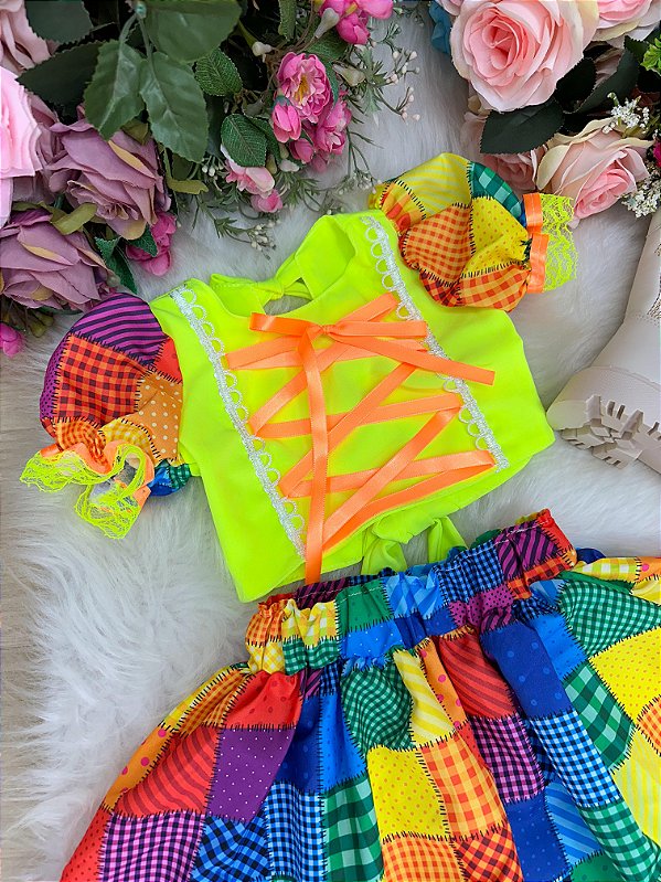 Conjunto Junino Banana Club Luxo Manu Verde Neon