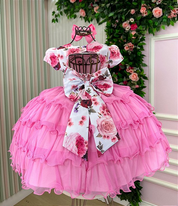Vestido Menina Bonita Gisele Peito Florido Rosa Chiclete